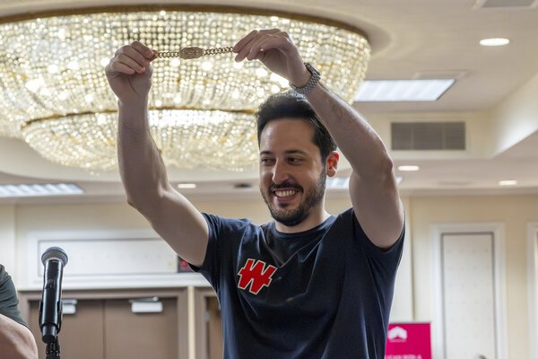 Adrian Mateos celebrates winning the WSOP 2026 $250,000 Super High Roller bracelet
