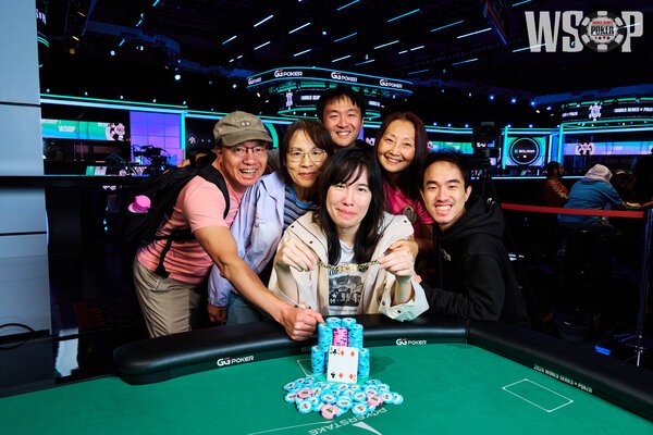 Skye Chen celebrates winning the WSOP 2026 Ladies Championship at the feature table