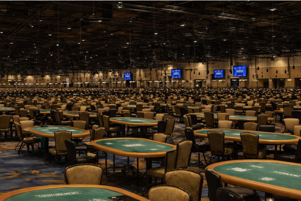 2026 WSOP tournament hall with rows of poker tables