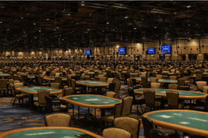 2026 WSOP tournament hall with rows of poker tables