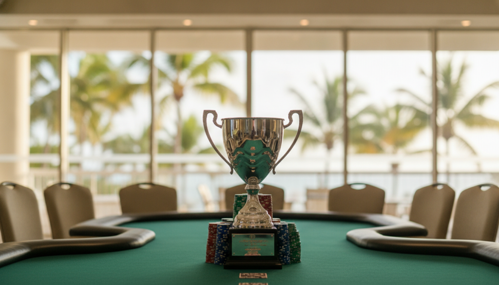 Illustration of a silver poker tournament trophy on green felt at an empty final table in a bright resort ballroom with palm trees beyond the windows