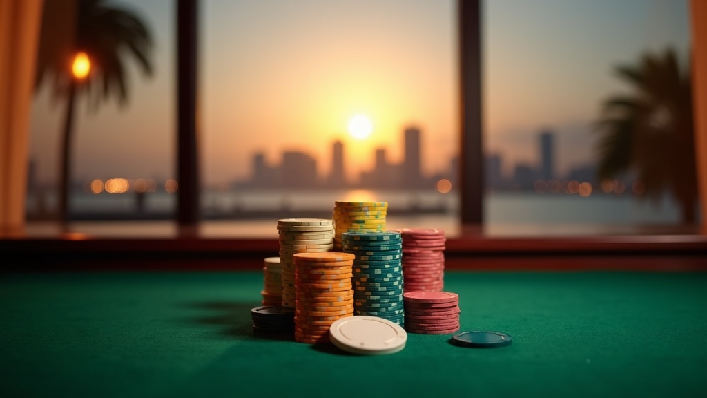 Casino chips on green poker felt with the Manila bay skyline at dusk