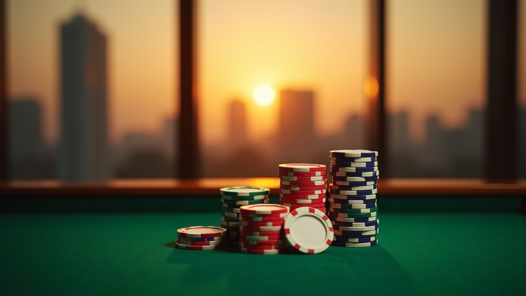 Casino chips on green poker felt with a city skyline at dusk