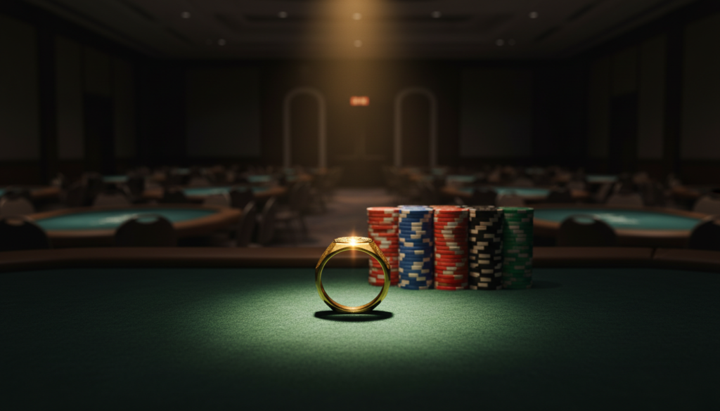 Illustration of a gold championship ring standing on green poker felt beside stacks of casino chips in a darkened tournament ballroom