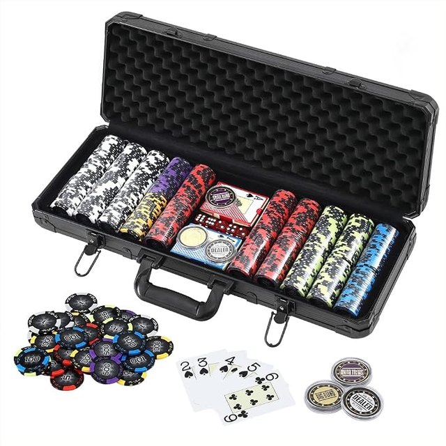 The poker set open, showing the chip trays, cards, dice and dealer buttons
