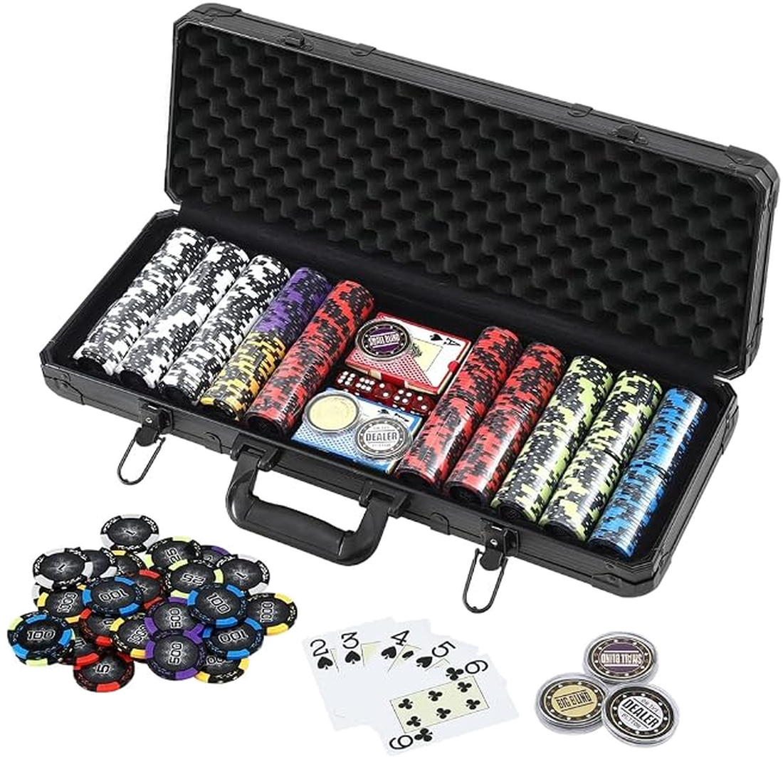 500-piece poker set with chips, cards, dice and dealer buttons in a lockable case