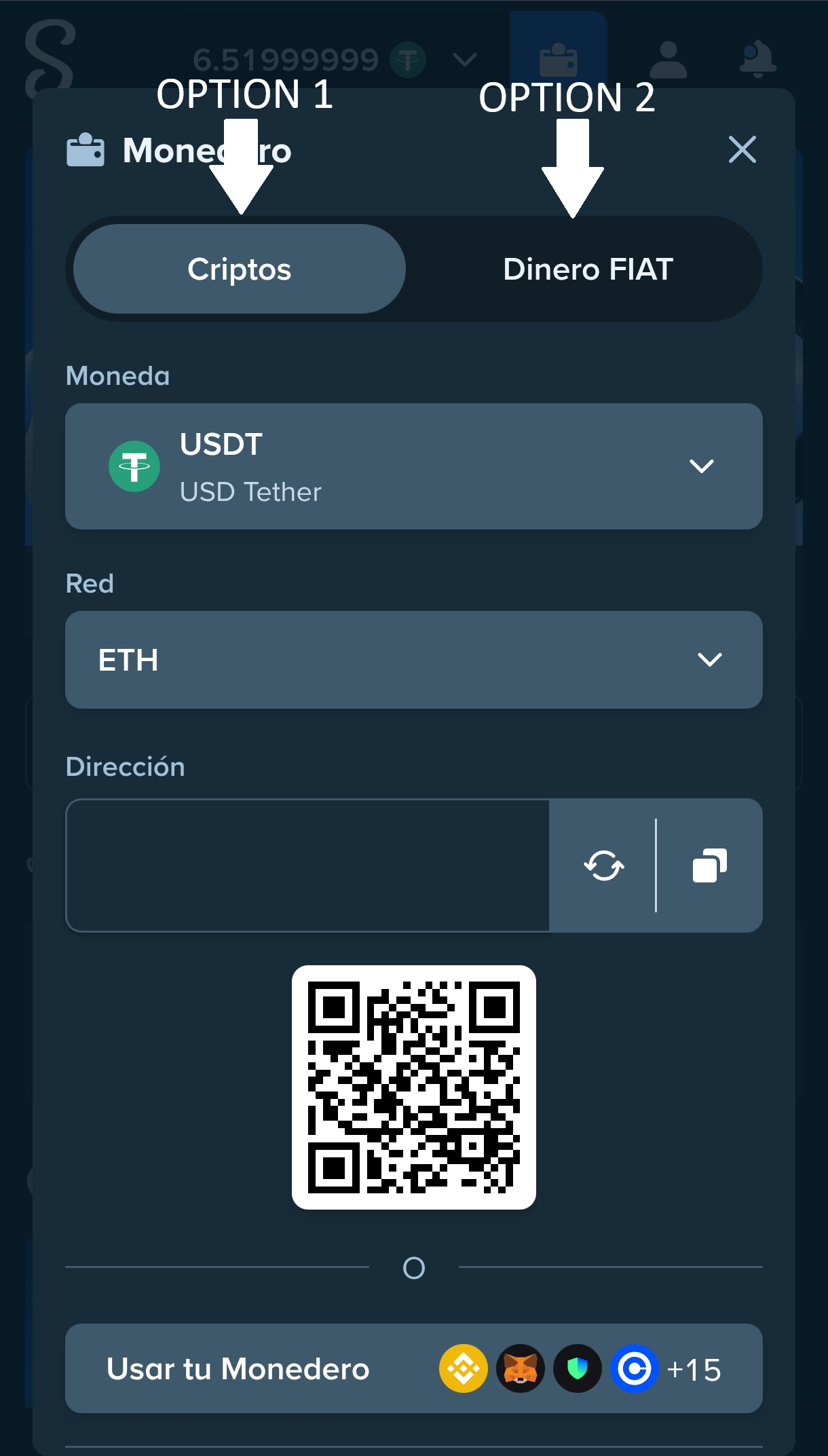 The Stake wallet showing the Crypto and FIAT tabs