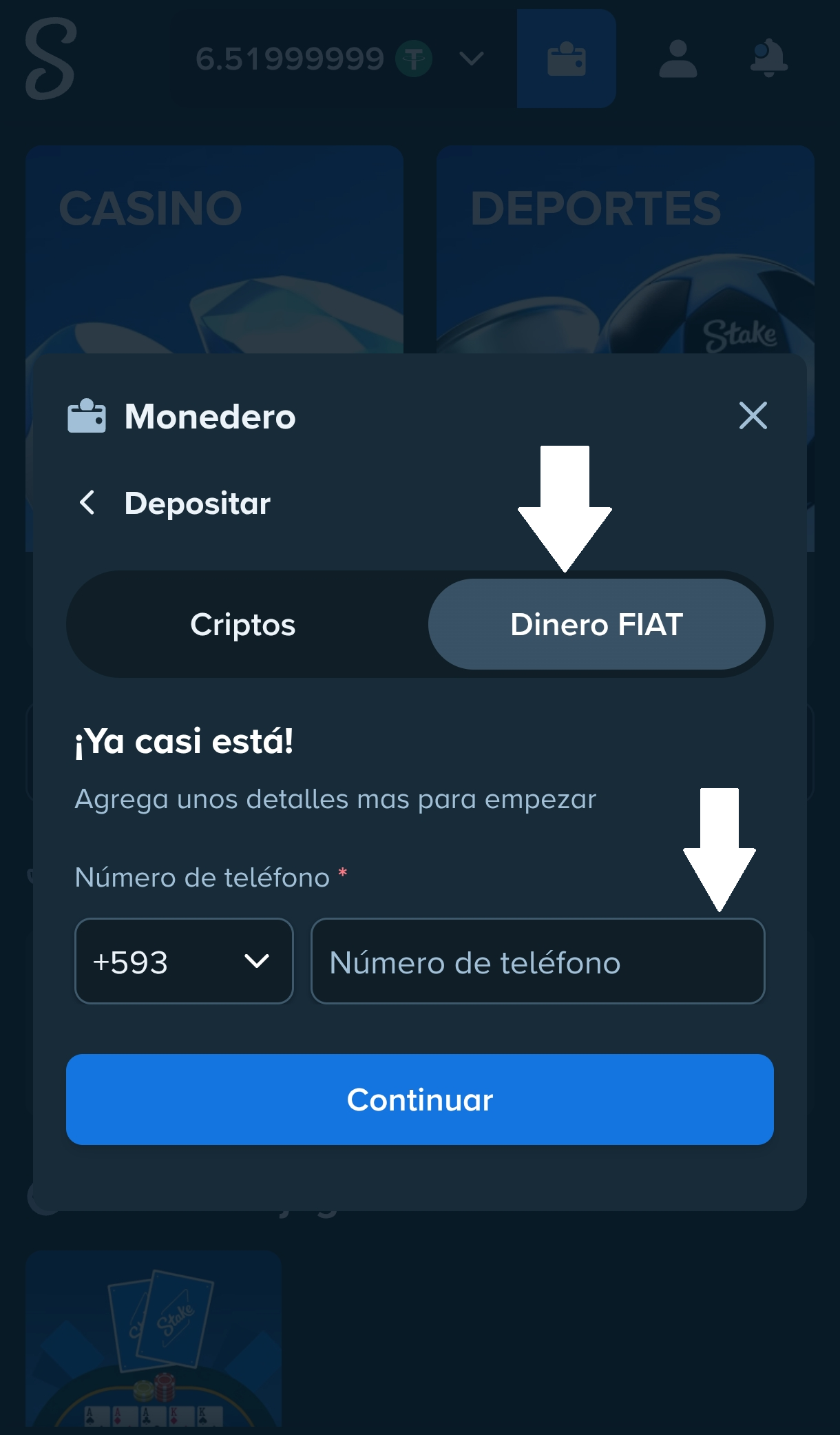 The Stake FIAT deposit screen asking for a phone number